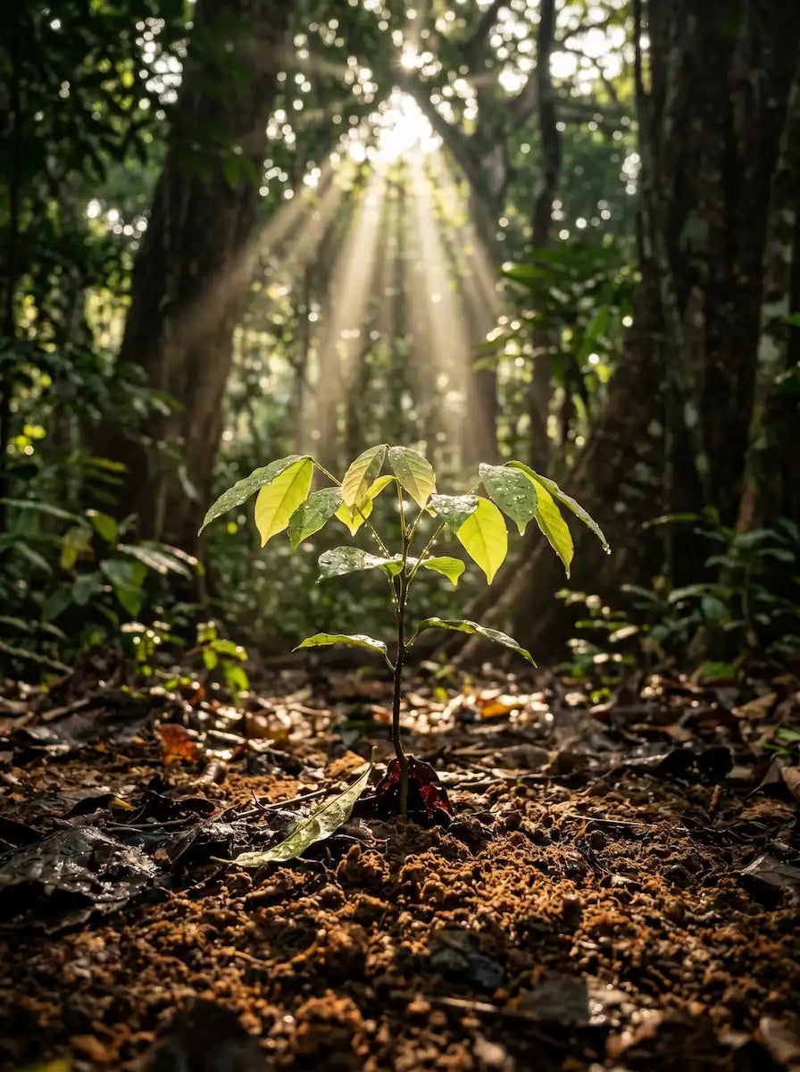 A young Sapele tree sapling growing from the rich soil of a West African tropical forest floor, illuminated by dramatic sunbeams piercing through the dense jungle canopy.