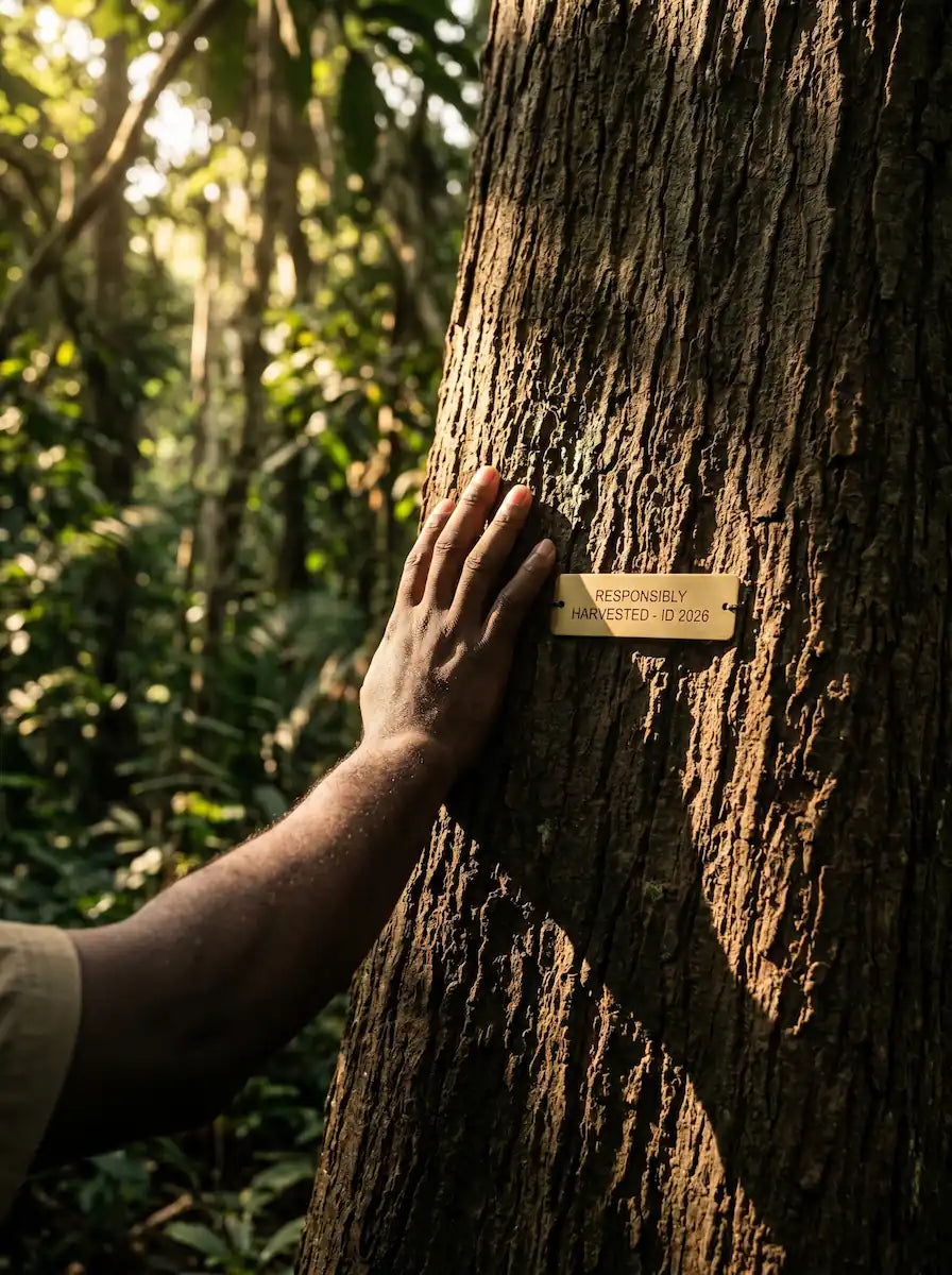 Hand touching a certified Sapele tree trunk with a "Responsibly Harvested" sign in a dense tropical forest of West Africa.