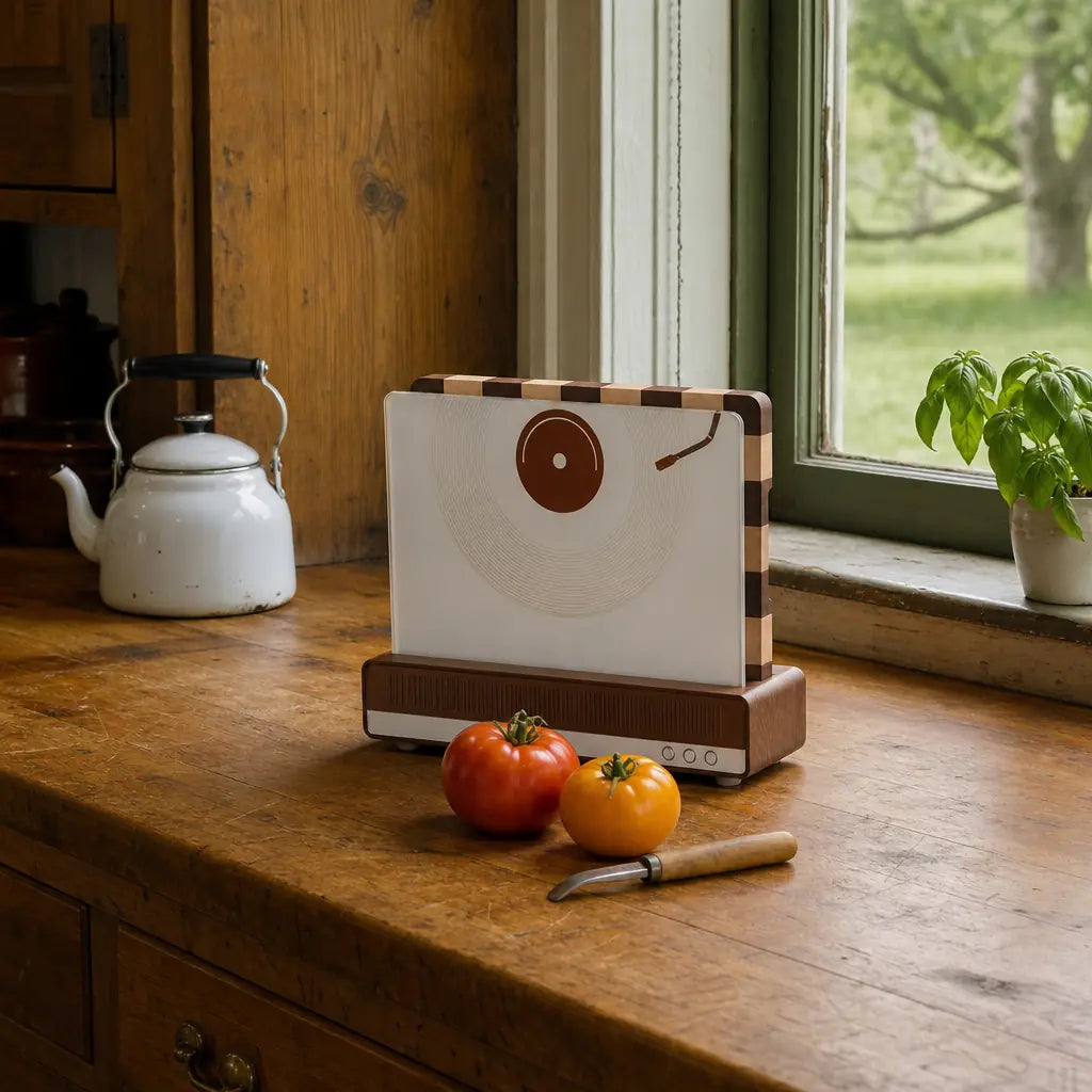 A retro record glass chopping board on a warm, rustic wooden countertop next to a white vintage kettle, fresh heirloom tomatoes, and a potted basil plant by a sunny window looking out at trees.