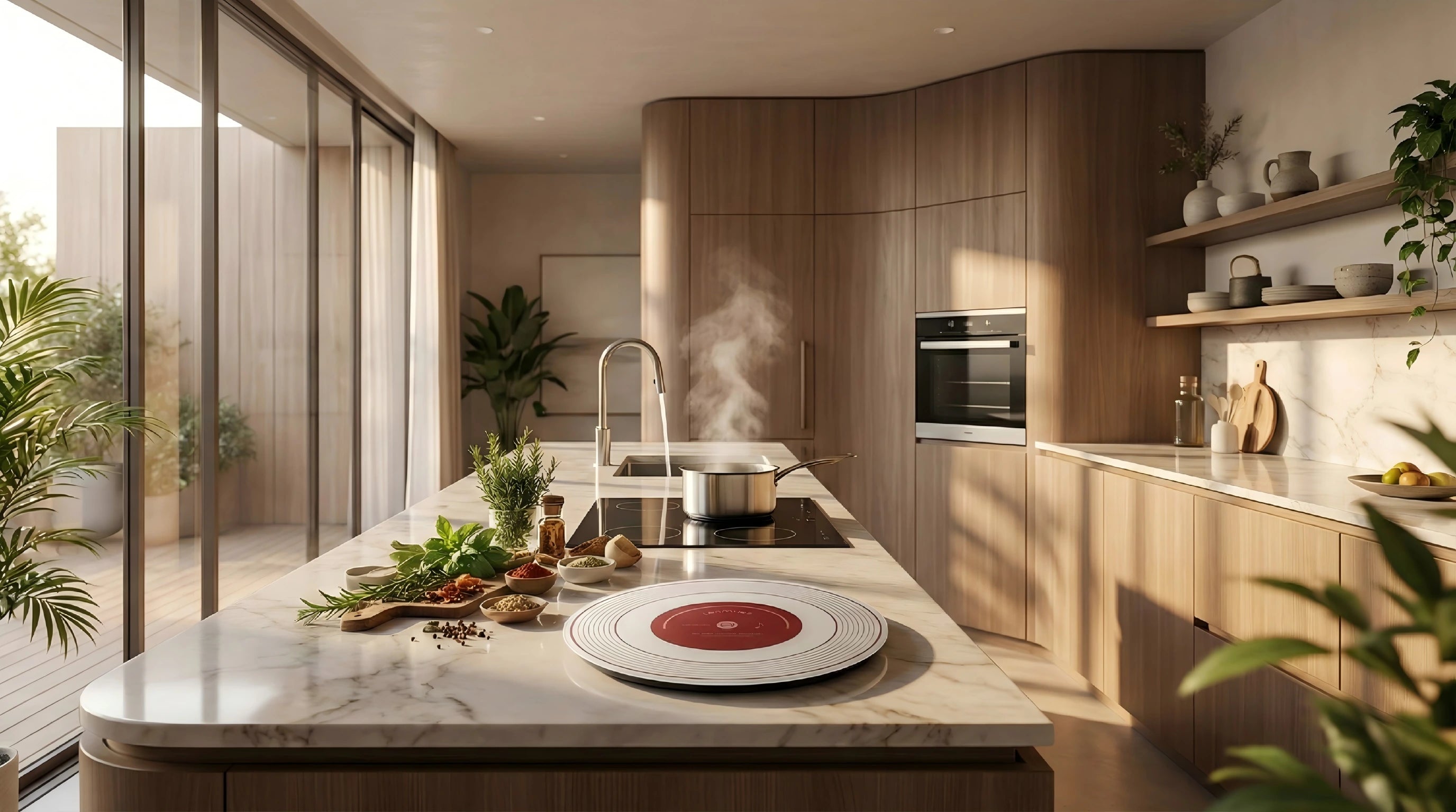A sun-drenched modern luxury minimalist kitchen island scene. The marble countertop features fresh herbs, ingredients, a steaming pot, and a stylish white circular innovative cooking device. The background consists of warm wooden cabinetry and floor-to-ceiling windows opening to the outdoors.