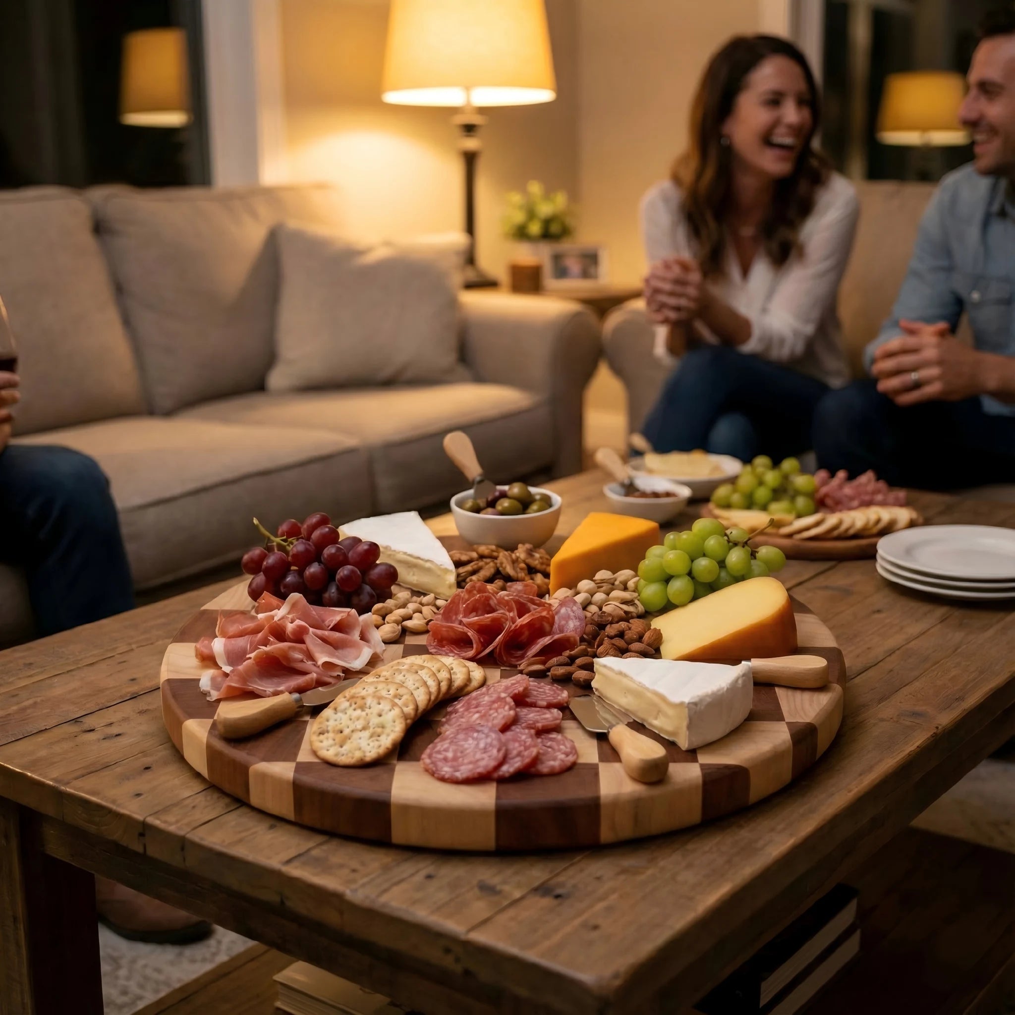 Alorivo glass cutting board used as a unique charcuterie serving platter in a cozy living room setting, perfect gift for music lovers.